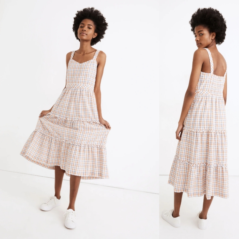 Madewell Gingham Sweetheart Ruffle-Tiered Midi Dress